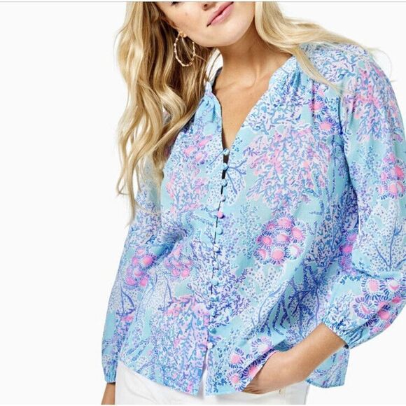 Lilly Pulitzer Coleman Top Now You Sea Me Blue Ibiza Button Up Size X-Small New - Picture 1 of 12